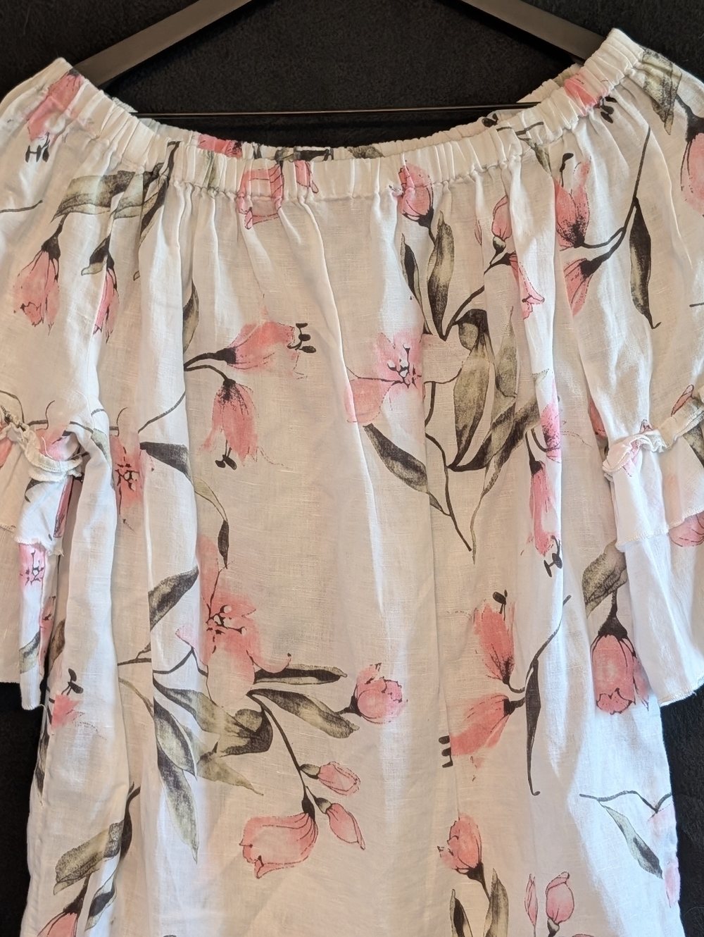 Hester & Orchid Linen Cotton Floral Off Shoulder Ruffle Sleeve Top Small Flowy - Picture 3 of 7